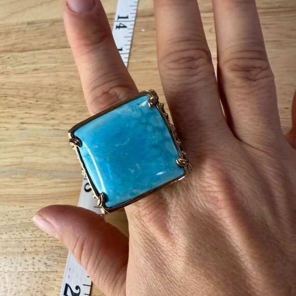 Large Turquoise Blue Square Stone Ring Size 8 With Ornate Gold-Toned Band Vintag - Picture 10 of 12